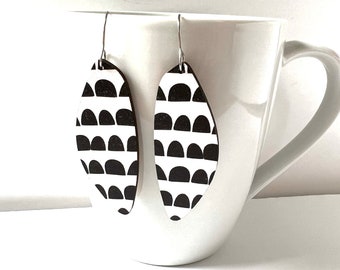 Black and White Wood earrings dangle Statement modern geometric design jewelry lightweight laser cut painted wood drop earrings