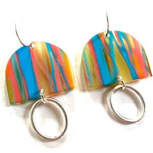 Watercolor Resin Earrings: Silver Oval Hoop, Colorful Dangle Jewelry