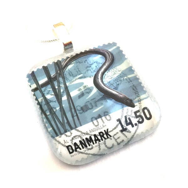 Denmark Necklace Postage Stamp Blue Snake Water Glass Tile Pendant Postal Art Recycled Material Upcycled Repurposed Paper Jewelry