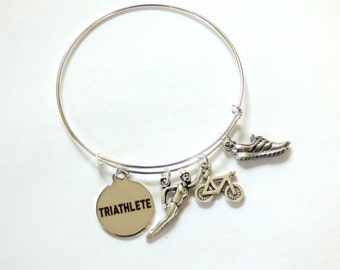 Triathlon Bracelet Bangle Swim Bike Run Charm Silver Jewelry Athlete Sport Race Charms Triathlete Tri Coach Bicycle Swimmer Runner Charm