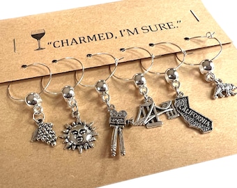 California Themed Wine Glass Charms Set of six Cup Tags Ocean Movie Raisins Sunshine Lunatique Party Favor Cadeau de pendaison de crémaillère Vino Charm