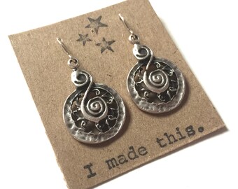 Silver Swirl Earrings Dangle Circle Drop Design Rustic Style Spiral Hook Statement Dangle Mandala Charm Handmade Hammered Funky Jewelry