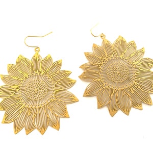 Gold Sunflower Earrings Dangle Bohemian Large Metal Brass Filigree Statement Shape Lightweight Garden Flower Charm Statement Art Jewelry image 2