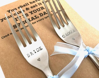 Stamped Forks Wedding Cake forks Mr. Mrs. Silverware Gift for Bride Groom Engagement Present Hand Stamped Recycled Flatware Wedded Couple