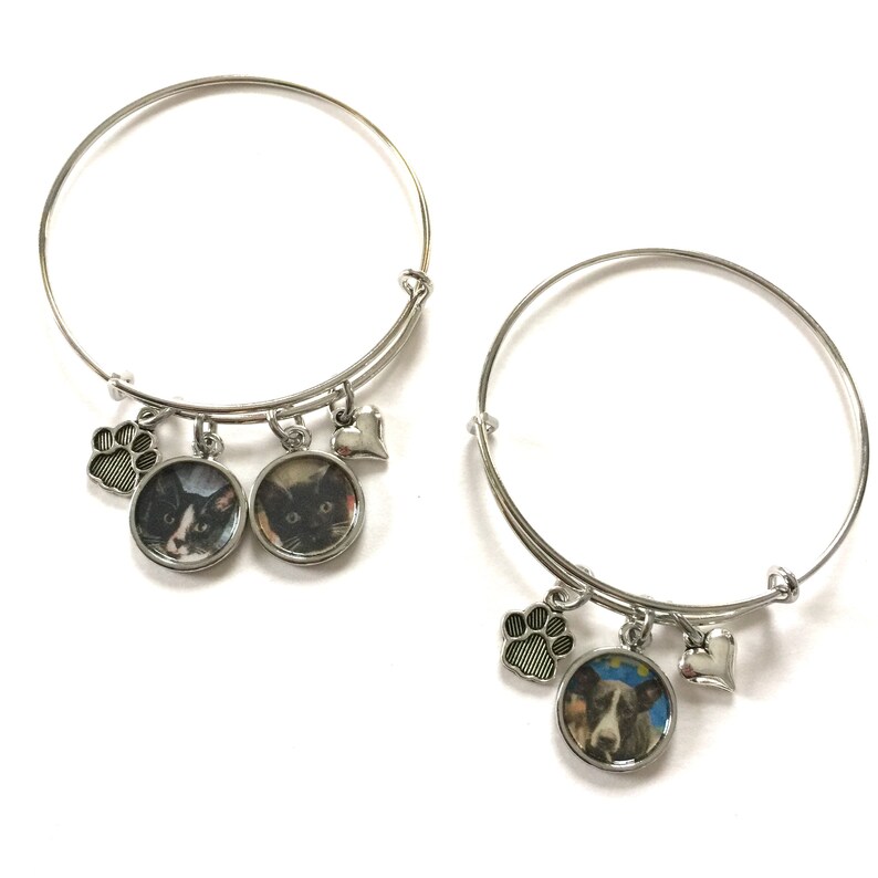 Puede incluir: Dos pulseras de plata con dijes de huella de pata, dijes de coraz&oacute;n y dijes redondos con fotos. Una pulsera tiene un dije de foto de gato blanco y negro y la otra tiene un dije de foto de perro blanco y negro.