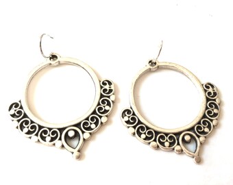 Silver Boho Hoop Earrings Dangle Circle Large Tibetan Style Image Wire Hook Statement Dangle Big Hoops Dots Charm Handmade Jewelry