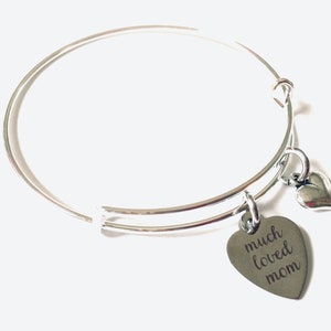 Much Loved Mom Bangle Bracelet: Silver Heart Charm, Adjustable Jewelry