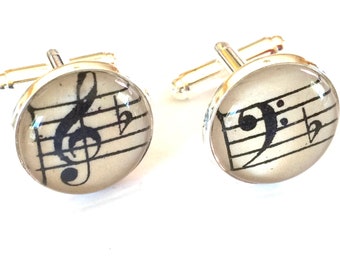 Music Cuff Links Vintage Cufflinks G Clef Men's Musical Jewelry Fathers Day Men Best Man Black Silver Link OOAK Groom Cuff Link Musician