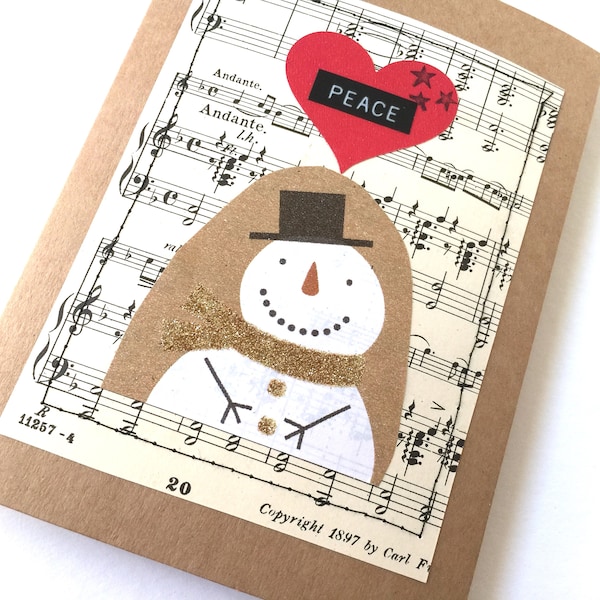 Christmas Greeting Card OOAK Holiday Snowman Christmas Tree Stars Unisex Blank Note Stationery Recycled Material Thread Sew Upcycled Card