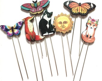 Animal Plant Buddy Stake Woods Creature Wood Fox Cat Butterfly Moth Sun Garden Buddies Marker Whimsical Plant Stake