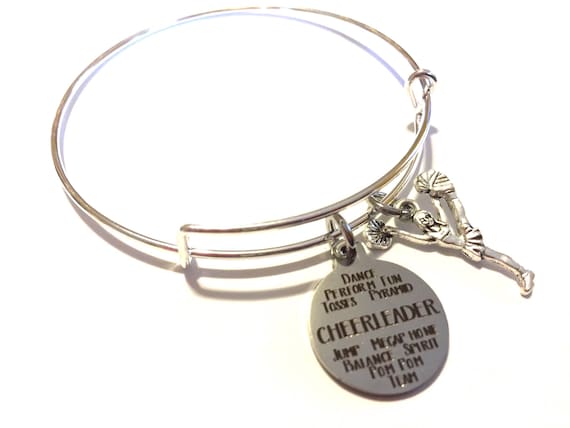 Cheerleader Charm Bangle Bracelet Silver Cheering Pom Pom Cheer