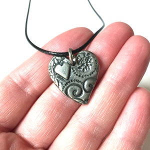 Handmade Pewter Heart Necklace: Rustic Floral Dangle Charm