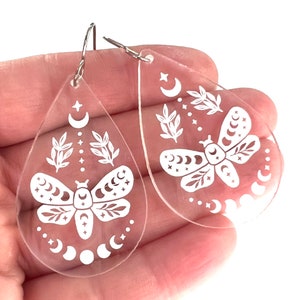 Lunar Moth Dangle Earrings: Clear Plastic Teardrop Boho Jewelry