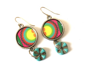 Turquoise Earrings OOAK Dangle Recycled Material Paper Bright Colorful Multi-color Silver Boho Drop Bohemian Upcycled Art Repurposed Jewelry