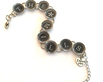 Typewriter Key Bracelet Personalized CUSTOM ORDER Words Tile Vintage Letters Recycled Paper Charms Adjustable Upcycled Repurposed Jewelry
