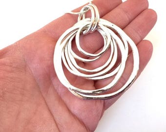 Multi Ring Necklace Large Loose Circles Huge Round Shiny Silver Pendant Statement Jewelry