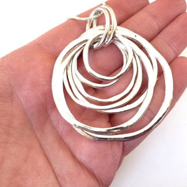 Multi Ring Necklace Large Loose Circles Huge Round Shiny Silver Pendant Statement Jewelry