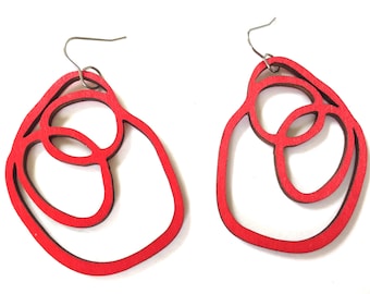 Red Wood Hoop Earrings: Laser Cut Statement Jewelry