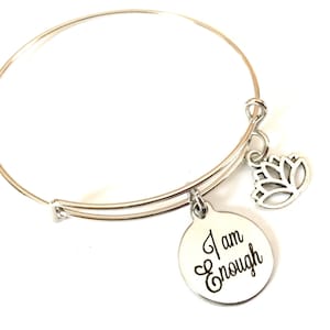 I am Enough Bracelet Adjustable Bangle Charm Mantra Lotus Namaste Mindfulness Quote Words Charm Inspirational Message Expandable Jewelry