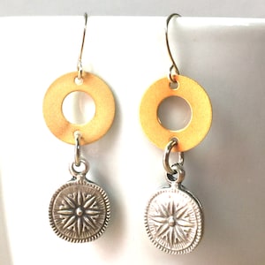 Mixed Metal Dangle Earrings: Brass Hoop, Silver Charm, OOAK Jewelry
