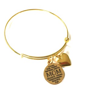 Gold Mom Bangle Bracelet: Heart Charm, Adjustable Jewelry