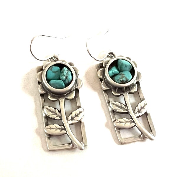 Turquoise Sunflower Earrings Silver Rectangle Dangle Semiprecious Stones Wire Hook Flower Bezel Metal Charm Boho Statement Jewelry