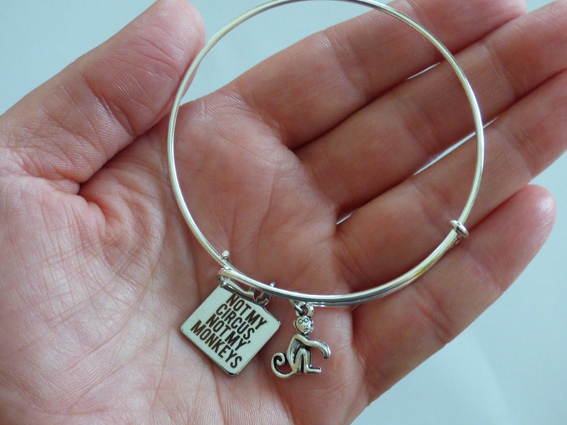 Not My Circus Not My Monkeys Quote Adjustable Bangle Bracelet Monkey Silver Charm Humorous Saying Funny Mantra Reminder Expandable Jewelry image 4