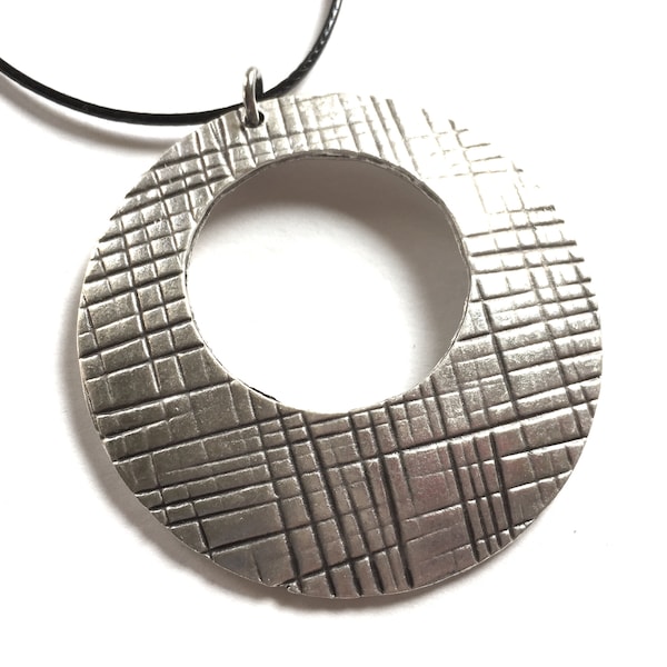 Large Circle Hoop Pendant Silver Ring Necklace Huge Round Shiny Silver Pendant Textured Cross Hatch Rustic Statement Jewelry