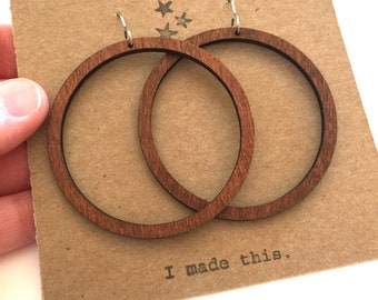 Big Wood hoop earrings dangle Brown Coffee Simple Circle Statement jewelry lightweight laser cut circle mandala filigree wood drop earrings