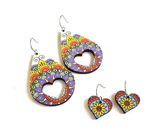 Mother Daughter Earrings dangle mandala Wood Colorful sunflower Bright Lightweight Statement Flower teardrop earring friends sisters