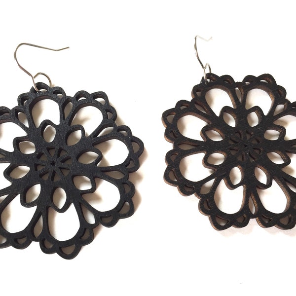 Wood hoop earrings dangle black filigree lace flower Statement jewelry lightweight wooden laser cut mandala filigree wood drop earrings