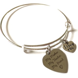 Mother Bracelet Mom Adjustable Bangle Jewelry Silver Charm Word Family Love You Teacher Inspirational Words Heart Expandable Jewelry OOAK