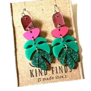 Bohemian Glitter Monstera Earrings: Large Resin Plant Statement Jewelry