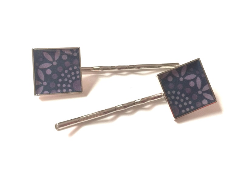 Purple Flower Bobby Pins Hair Barrette Square OOAK Metal Art Accessory Upcycled Recycled Repurposed Art Paper Materials Vintage Swirl Do