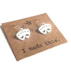 Small Comedy Tragedy Mask Earrings Silver Handmade Actor Theater Drama Outline Silhouette Thespian Stage Musical Performance Dangle Jewelry