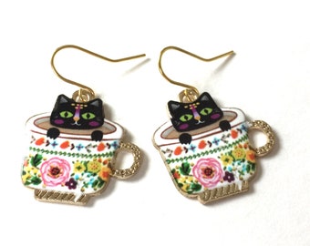 Black Cat Dangle Earrings Enamel Gold Tea Cup Kitty Cats Drop Wire Hook Lightweight Mixed Metal Funky Charm Fun Whimsical Art Jewelry