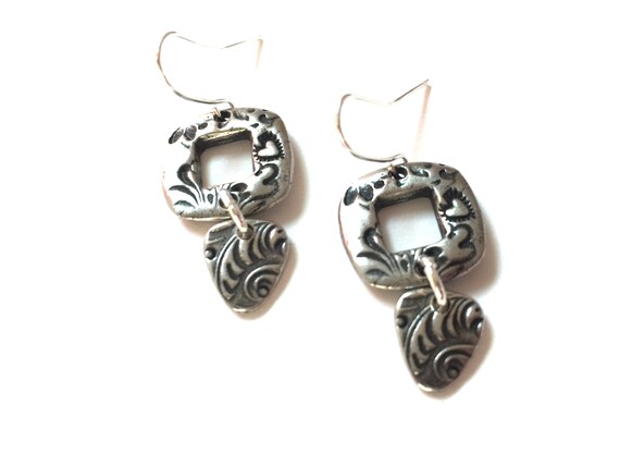 Pewter Heart Dangle Earrings Silver Nature Rustic Style Hoop | Etsy