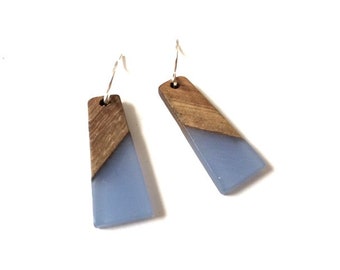 Wood Resin Earrings Dangle Blue Boho Statement Jewelry Wooden Block Color Earrings Unique Minimalist Trapezoid Drop Earring Colorful jewelry