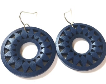 Wood hoop earrings dangle Navy Blue mandala geometric circle Statement jewelry lightweight laser cut mandala filigree wood drop earrings