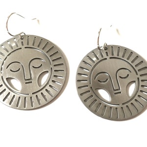 Silver Sun Earrings Dangle Bohemian Large Metal Nature Stainless Steel Circle Cut Out Sun Rays Silhouette Funky Charm Statement Art Jewelry