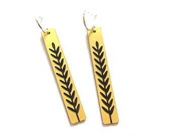 Gold Rectangle Earrings Dangle Plant Leaves Stamped Simple Statement Jewelry Brass Earrings Unique Minimalist Drop Earring jewelry