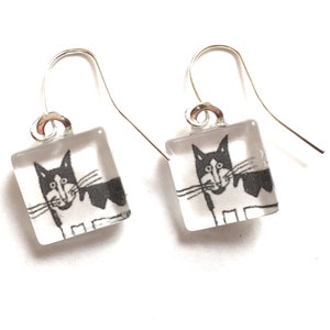 Tuxedo Cat Black White Earrings Glass Tile Kitty Recycled Upcycled Repurposed Book Paper Geekery Wire Hooks Whimsical Silver Meow Jewelry