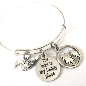 The Lake is My Happy Place Bracelet Bangle Loon Tree Forest Water Jewelry Adjustable Silver Charm Word Words Expandable Jewelry OOAK