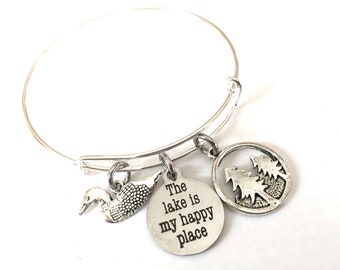 The Lake is My Happy Place Bracelet Bangle Loon Tree Forest Water Jewelry Adjustable Silver Charm Word Words Expandable Jewelry OOAK