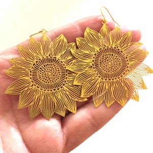 Gold Sunflower Earrings Dangle Bohemian Large Metal Brass Filigree Statement Shape Lightweight Garden Flower Charm Statement Art Jewelry image 4