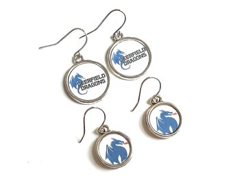 Custom Logo Earrings Dangle Drop Earring Recycled Material Upcycled Paper Silver School Spirit Mascot Jewelry