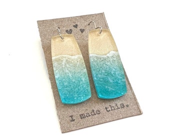 Ocean Beach Earrings Dangle Statement Sea Rectangle Lightweight Jewelry Unique Summer Waves Beachy Resin Drop Earring jewelry