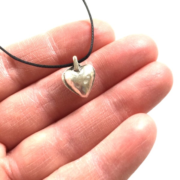 Small Silver Heart Necklace Rustic Pendant Natural Chunky Handmade Heart Charm Unisex Love Anniversary Friendship Family Necklace Jewelry