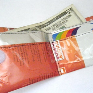 Cartera de material reciclado OOAK Geekery Bolsa de café reciclada Bi-Fold Orange Money Card Holder Descafeinado Joe Bean Dunkin Donuts Coser billetes únicos