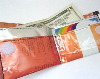 Recycled Material Wallet OOAK Geekery Upcycled Coffee Bag Bi-Fold Orange Money Card Holder Decaf Joe Bean Dunkin Donuts Sew Unique Bills